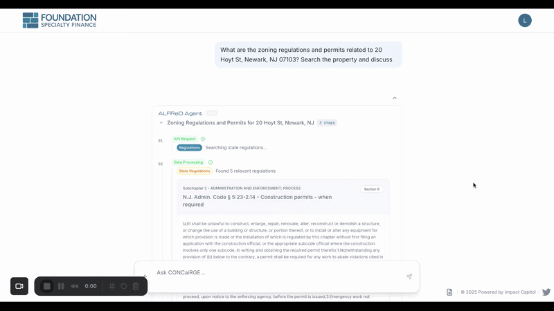 Animated ALFReD property research demo showing commercial property search and conversational workflow in motion