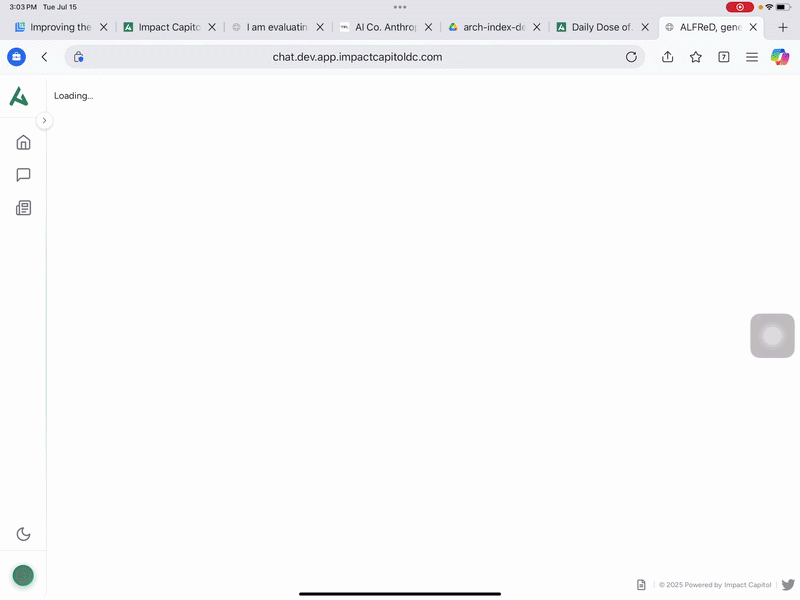 Animated ALFReD dashboard demo showing the app shell, navigation, and research workspace in motion